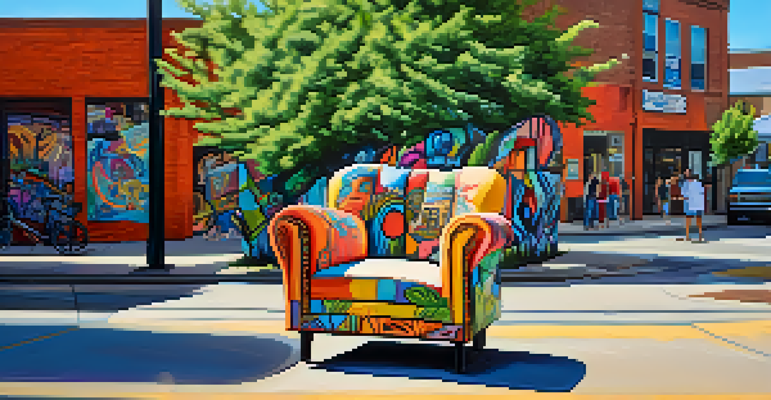 An oversized chair in NoDa Arts District, with people sitting and taking photos, surrounded by street art and greenery.