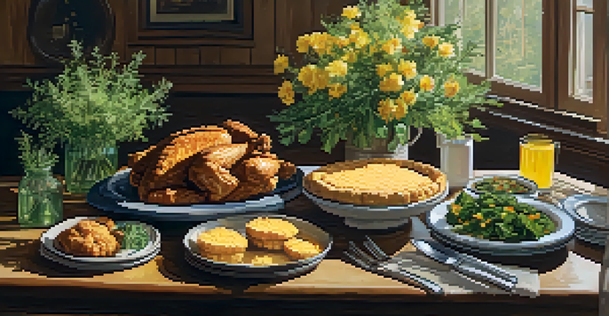 A Southern dining table beautifully set with fried chicken, collard greens, and cornbread, illuminated by warm light, with fresh herbs and flowers in mason jars.