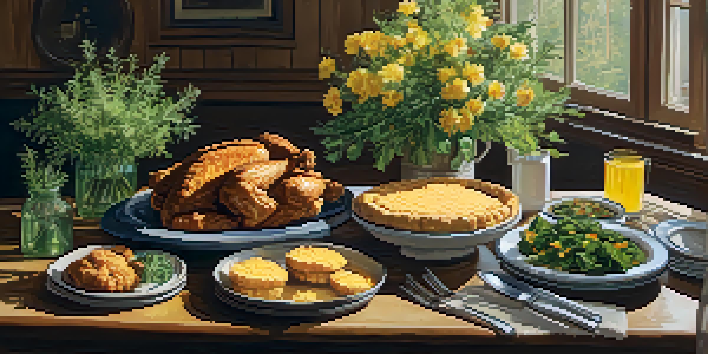 A Southern dining table beautifully set with fried chicken, collard greens, and cornbread, illuminated by warm light, with fresh herbs and flowers in mason jars.