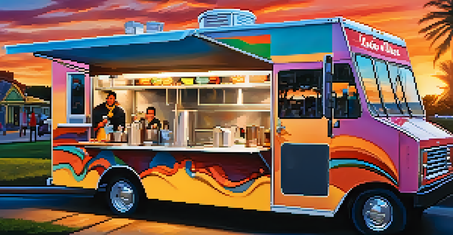 A food truck featuring a mural of local culture, surrounded by people enjoying a community event at sunset.