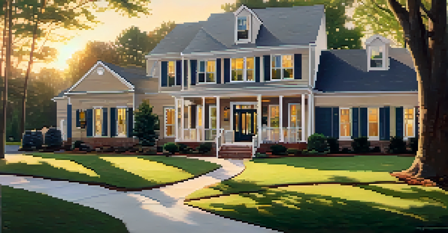 A modern family home in Ballantyne, Charlotte, surrounded by greenery and children playing at sunset.