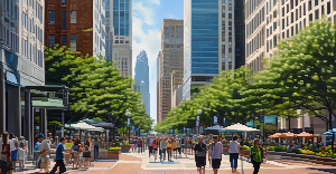A vibrant financial district in Charlotte with modern skyscrapers and people walking among green spaces.