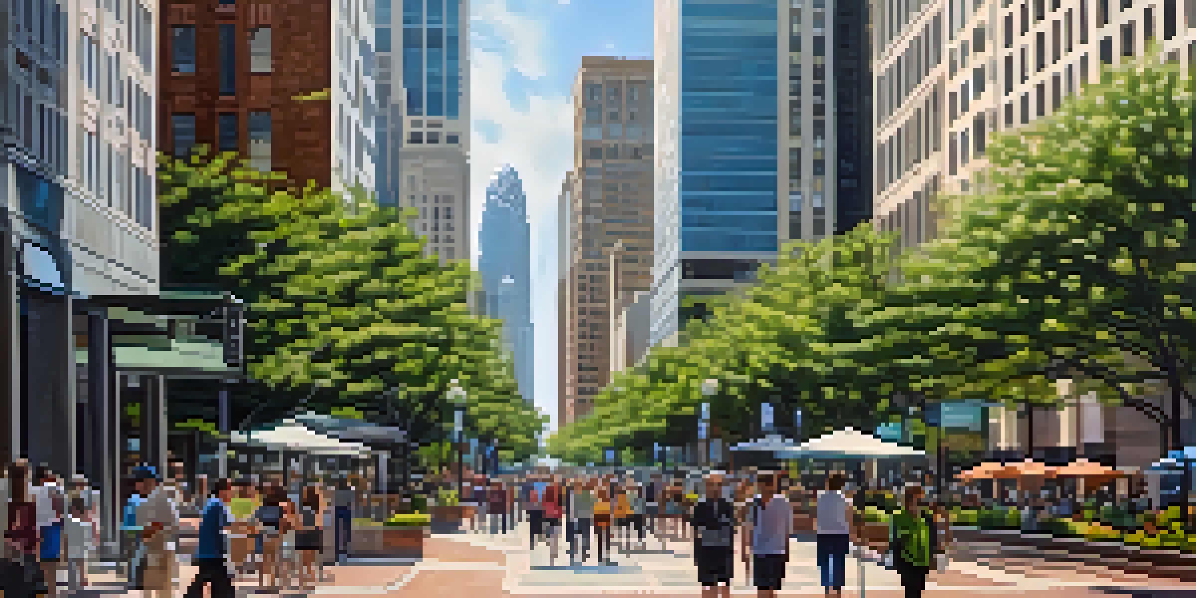 A vibrant financial district in Charlotte with modern skyscrapers and people walking among green spaces.