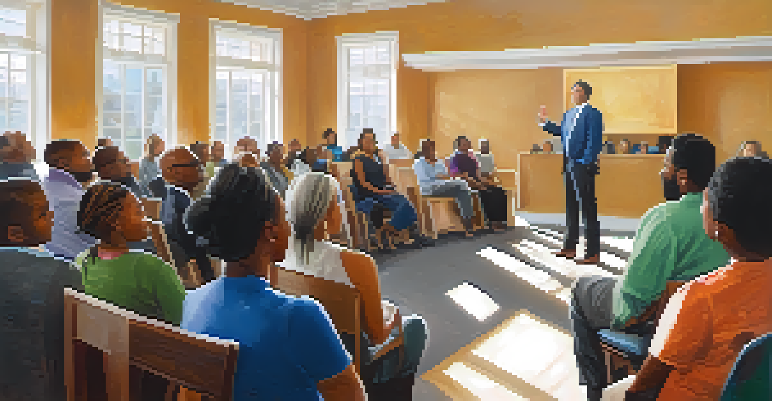 Nonprofit leader speaking at a community workshop with engaged participants in a bright room.