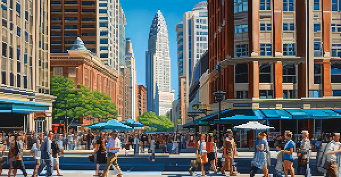 A busy city street in Charlotte with modern skyscrapers and historic buildings, people walking, and trees along the sidewalks.