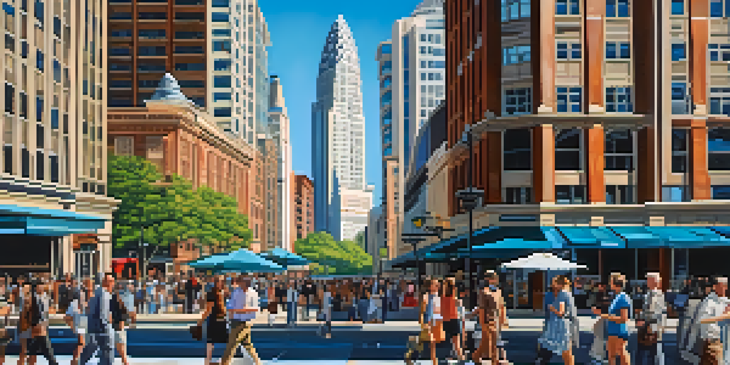A busy city street in Charlotte with modern skyscrapers and historic buildings, people walking, and trees along the sidewalks.
