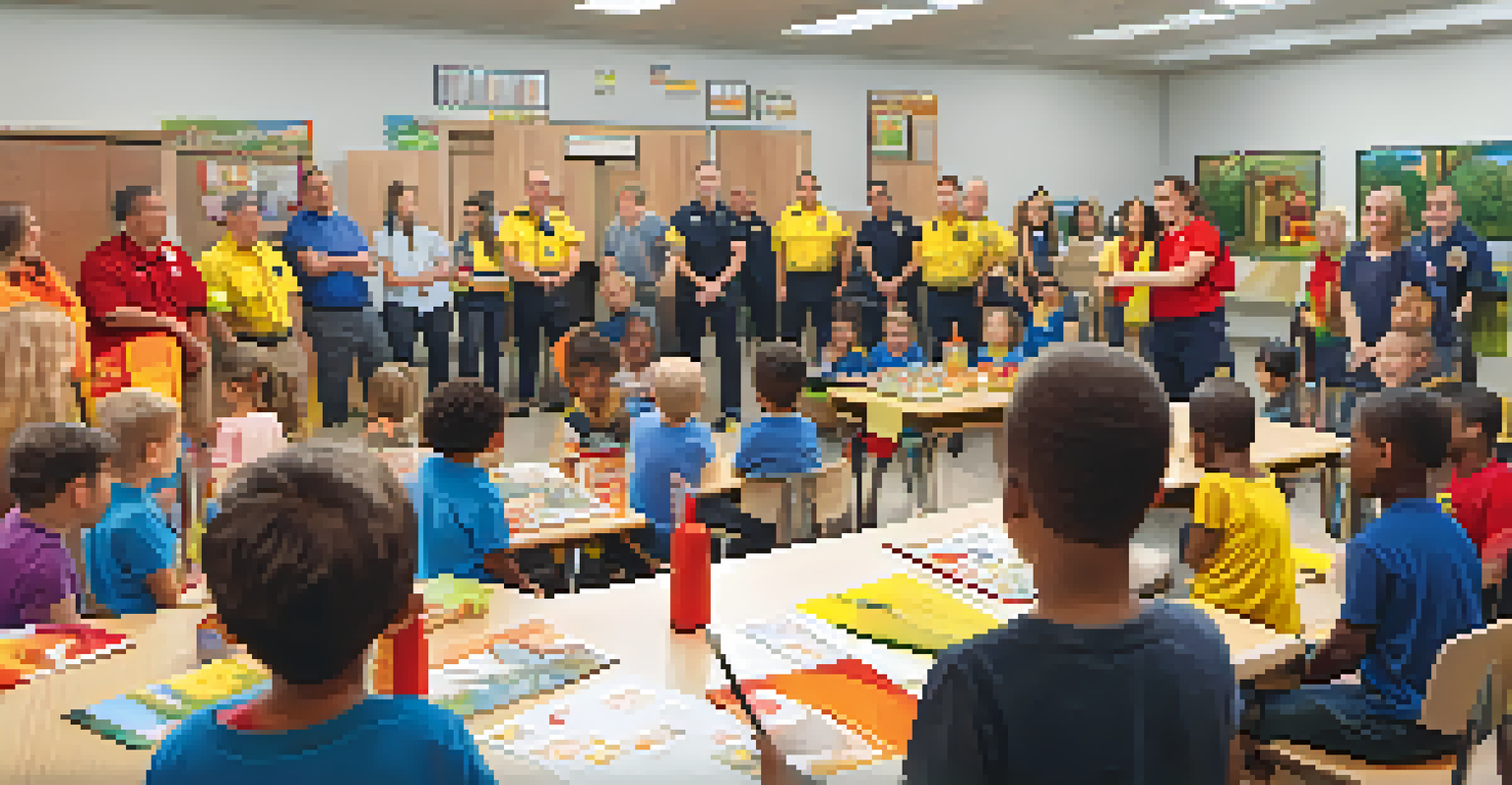 Volunteer firefighters conducting a fire safety workshop with children and parents at a community center.