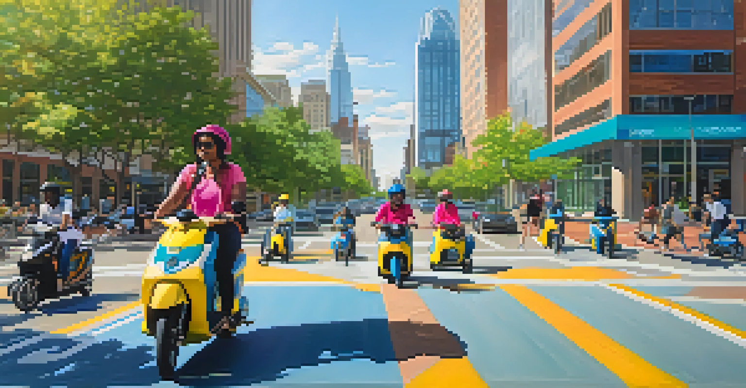 People riding scooters and bikes in Charlotte, with city landmarks and sunny weather creating a lively atmosphere.