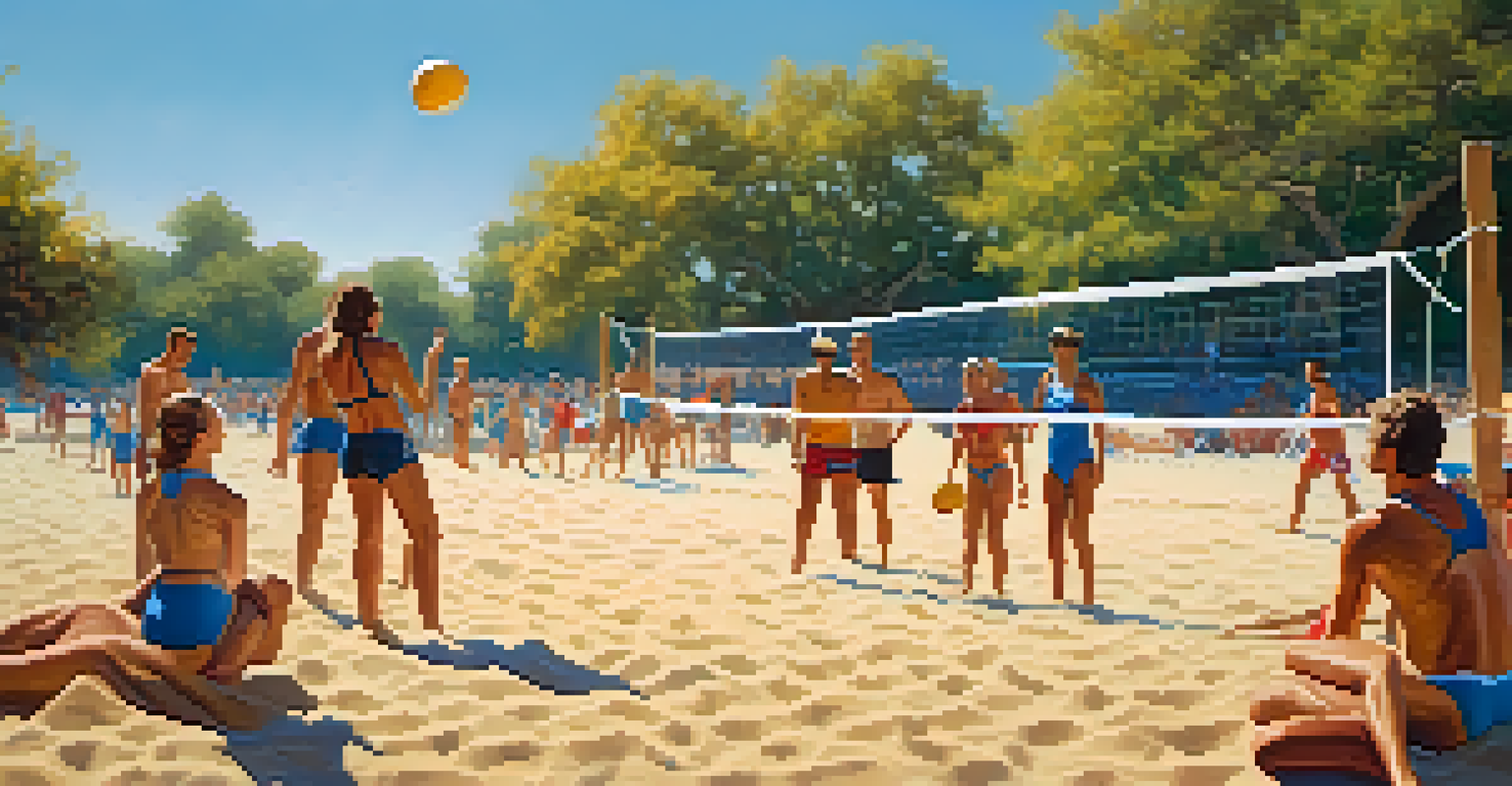 Players engaged in a beach volleyball game on a sunny day with sand and spectators in the background.