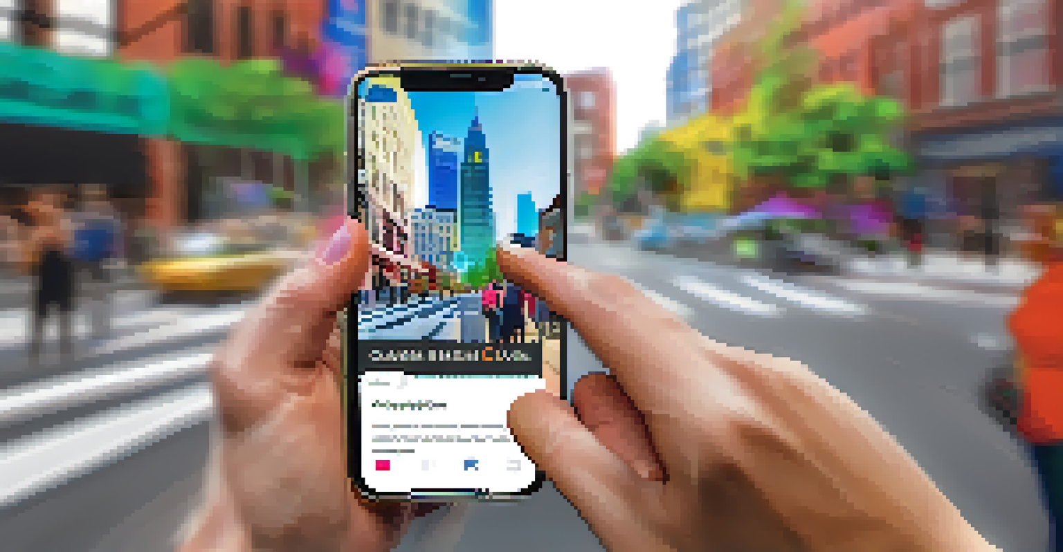 A close-up of a hand holding a smartphone with a civic engagement app in a vibrant Charlotte setting.