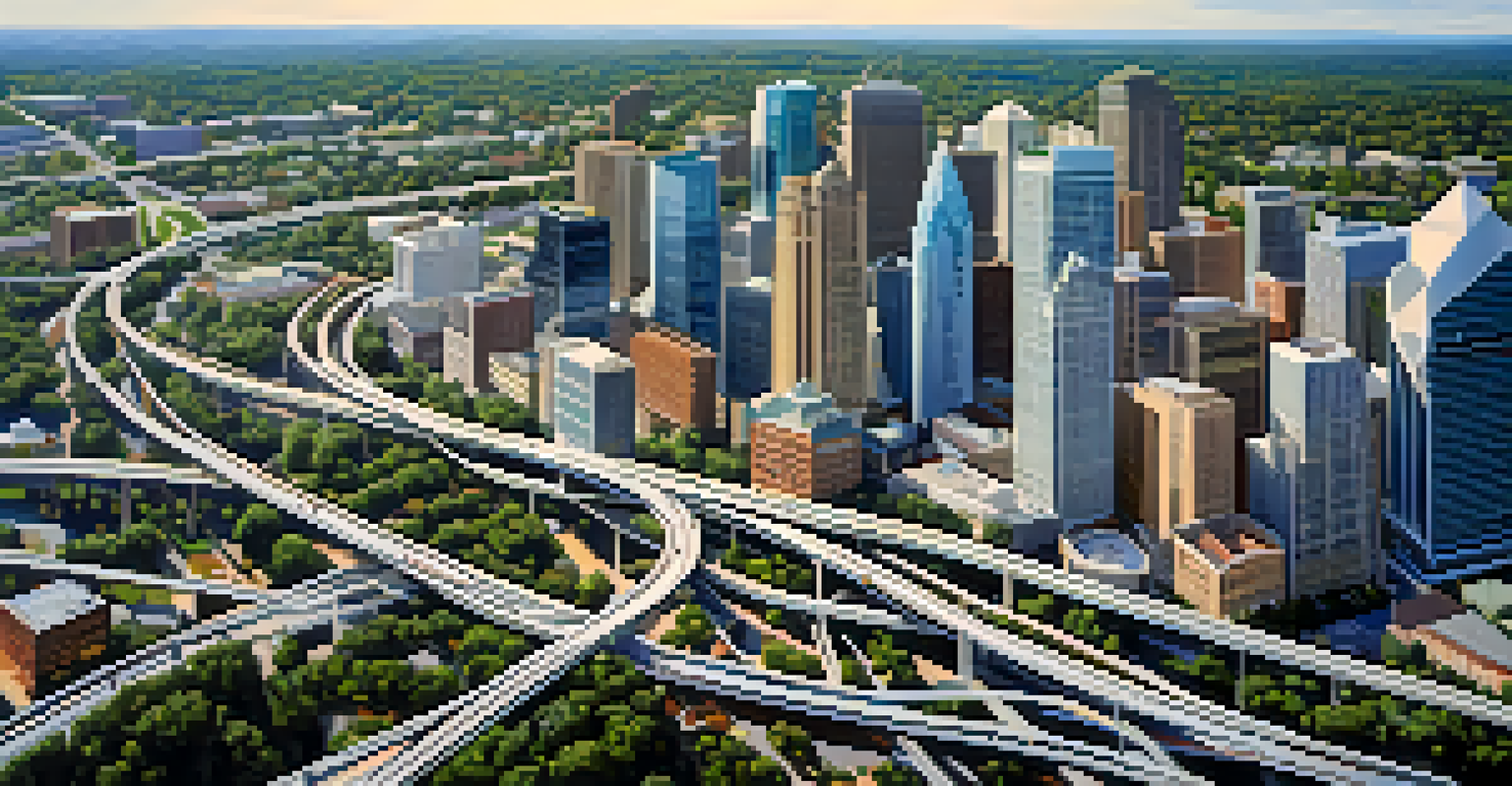 An aerial view of Charlotte's urban landscape showing public transit routes among buildings and green spaces.