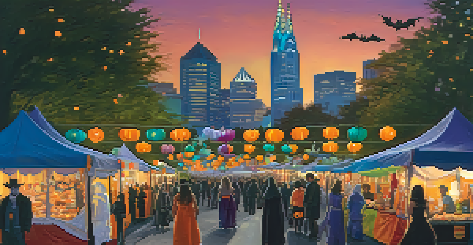 A lively Halloween street festival in Charlotte with decorations, costumed people, and a city skyline at dusk.
