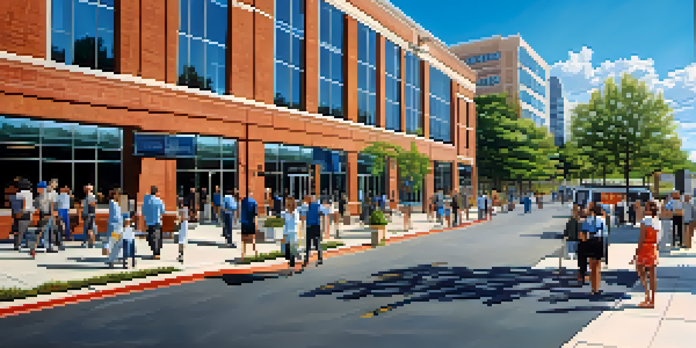 A busy street in Charlotte, featuring a modern hospital surrounded by greenery and people walking, conveying a sense of community and healthcare.