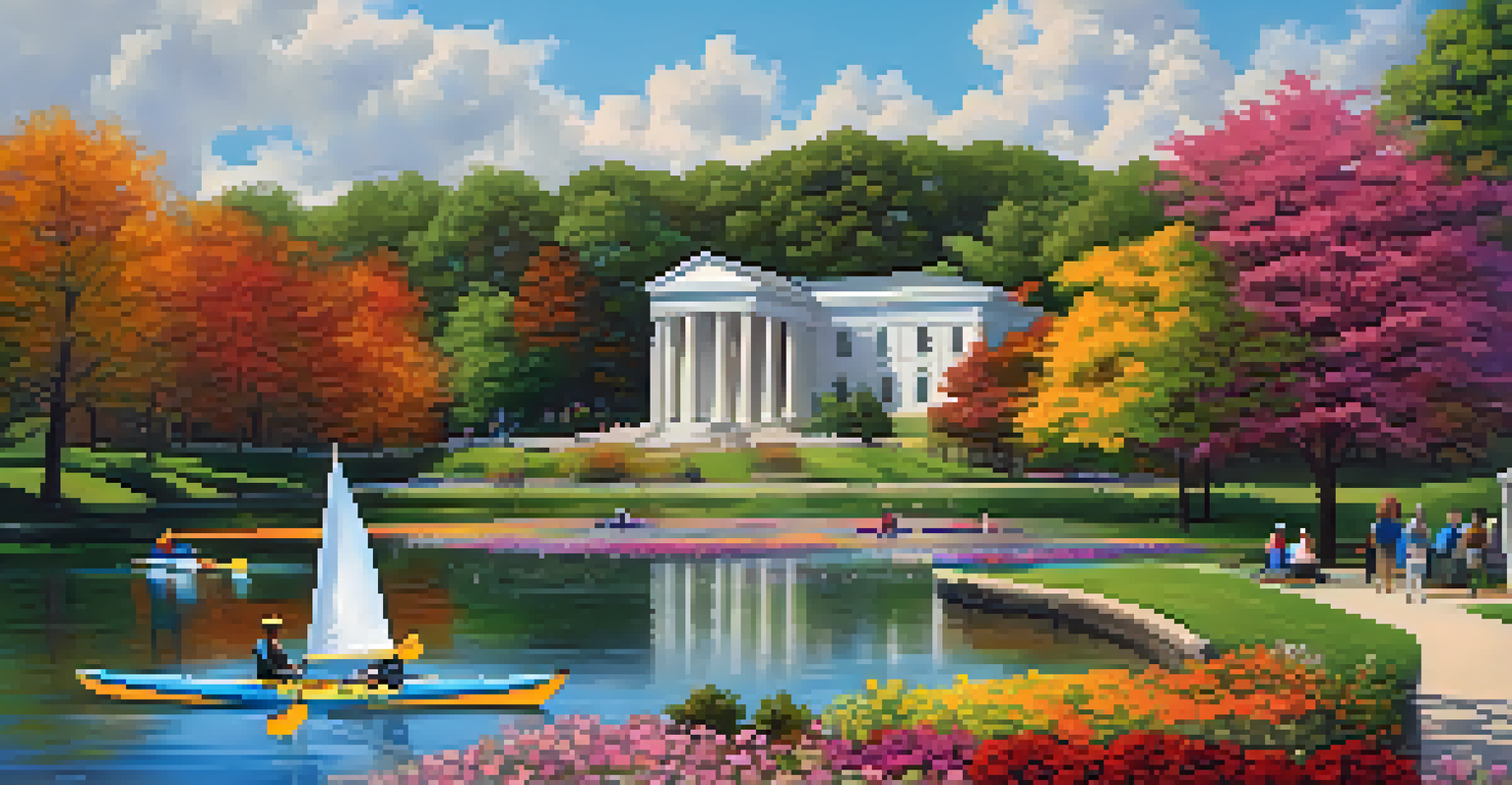A lively park scene with a lake and people kayaking, surrounded by trails and civil rights monuments, adorned with blooming flowers.