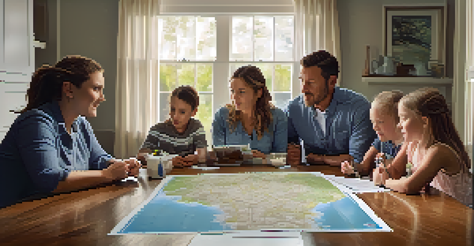 Family discussing an emergency preparedness plan for flooding around a dining table with a flood map.