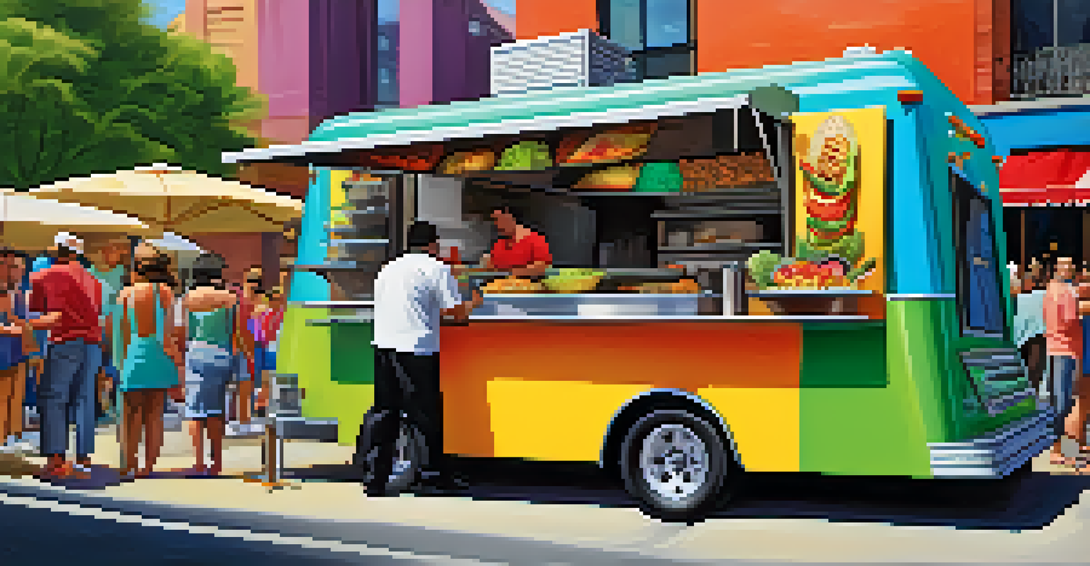 A close-up view of a colorful food truck serving tacos with fresh ingredients being prepared by a chef.