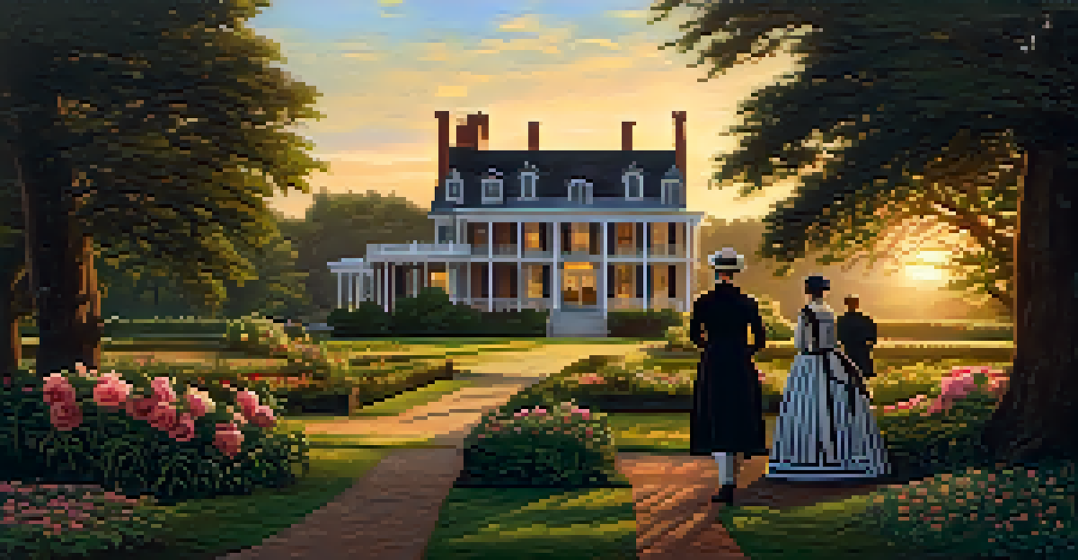 A historical plantation estate with 19th-century architecture and heirloom gardens, featuring a reenactor in period clothing against a sunset backdrop.