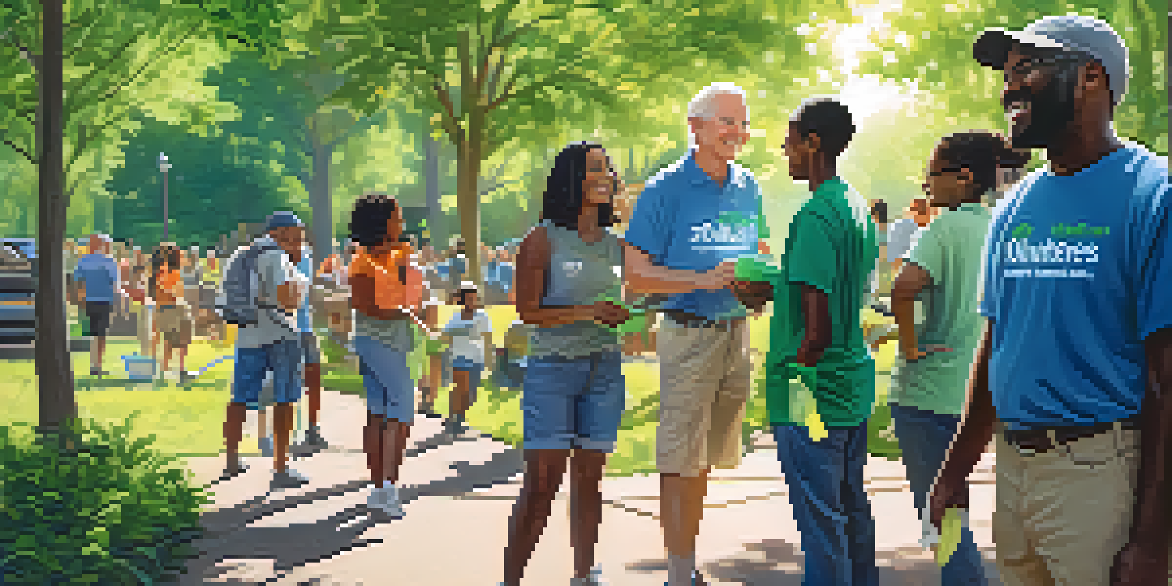 A diverse group of volunteers participating in a park clean-up in Charlotte, surrounded by greenery and sunlight.