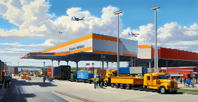 A busy freight transport hub in Charlotte with trucks, trains, and planes, depicting logistics workers coordinating shipments.