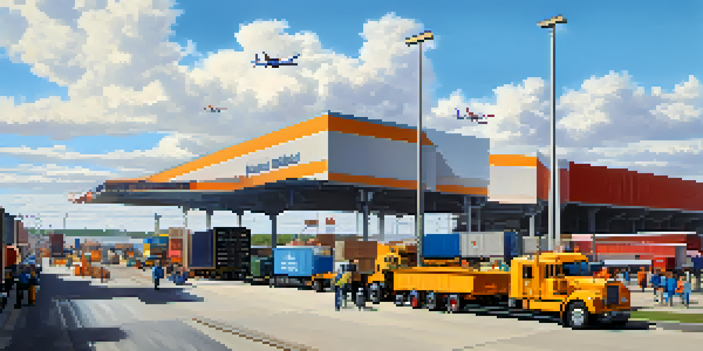 A busy freight transport hub in Charlotte with trucks, trains, and planes, depicting logistics workers coordinating shipments.