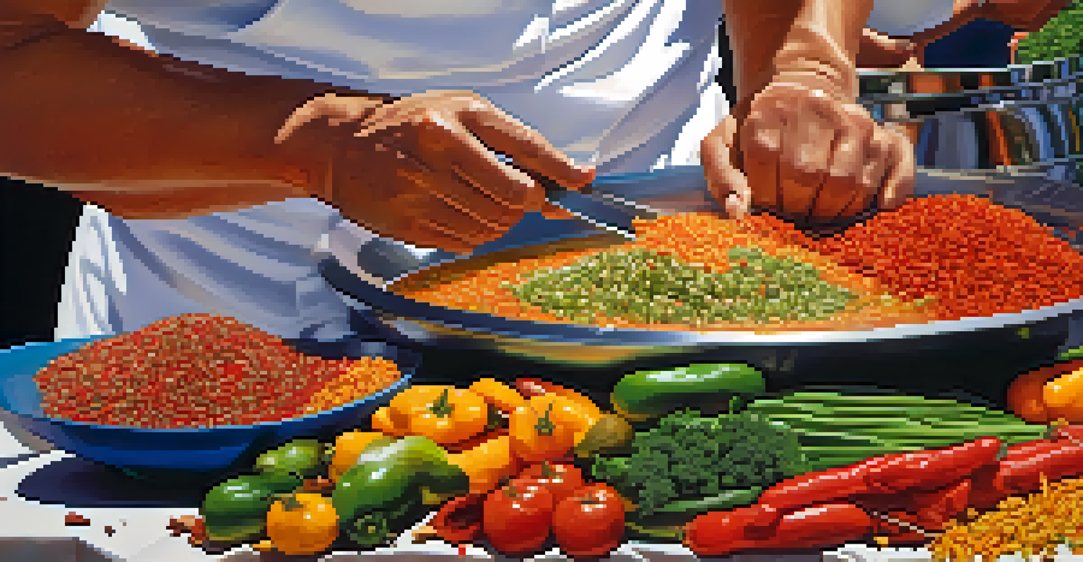 A chef preparing international cuisine at a festival, showcasing fresh ingredients and vibrant colors.