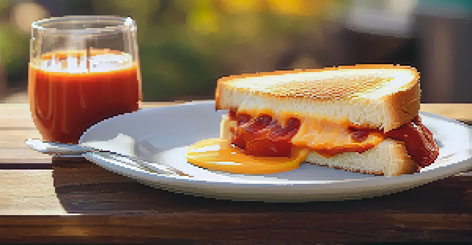 A gourmet grilled cheese sandwich with melted cheese and a bowl of tomato soup, presented on a rustic wooden table.