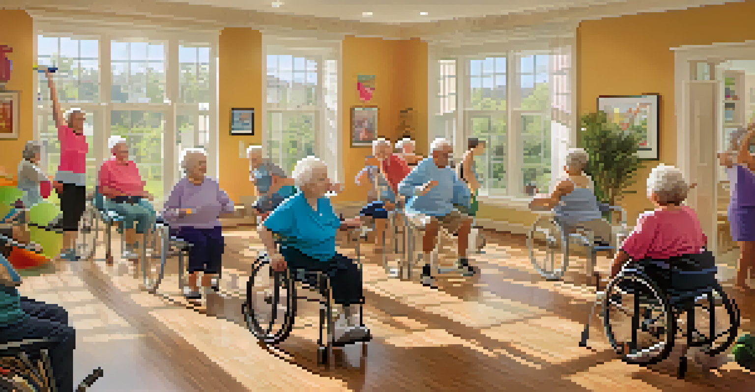 Seniors participating in a fitness class in a bright assisted living facility with caregivers helping them.