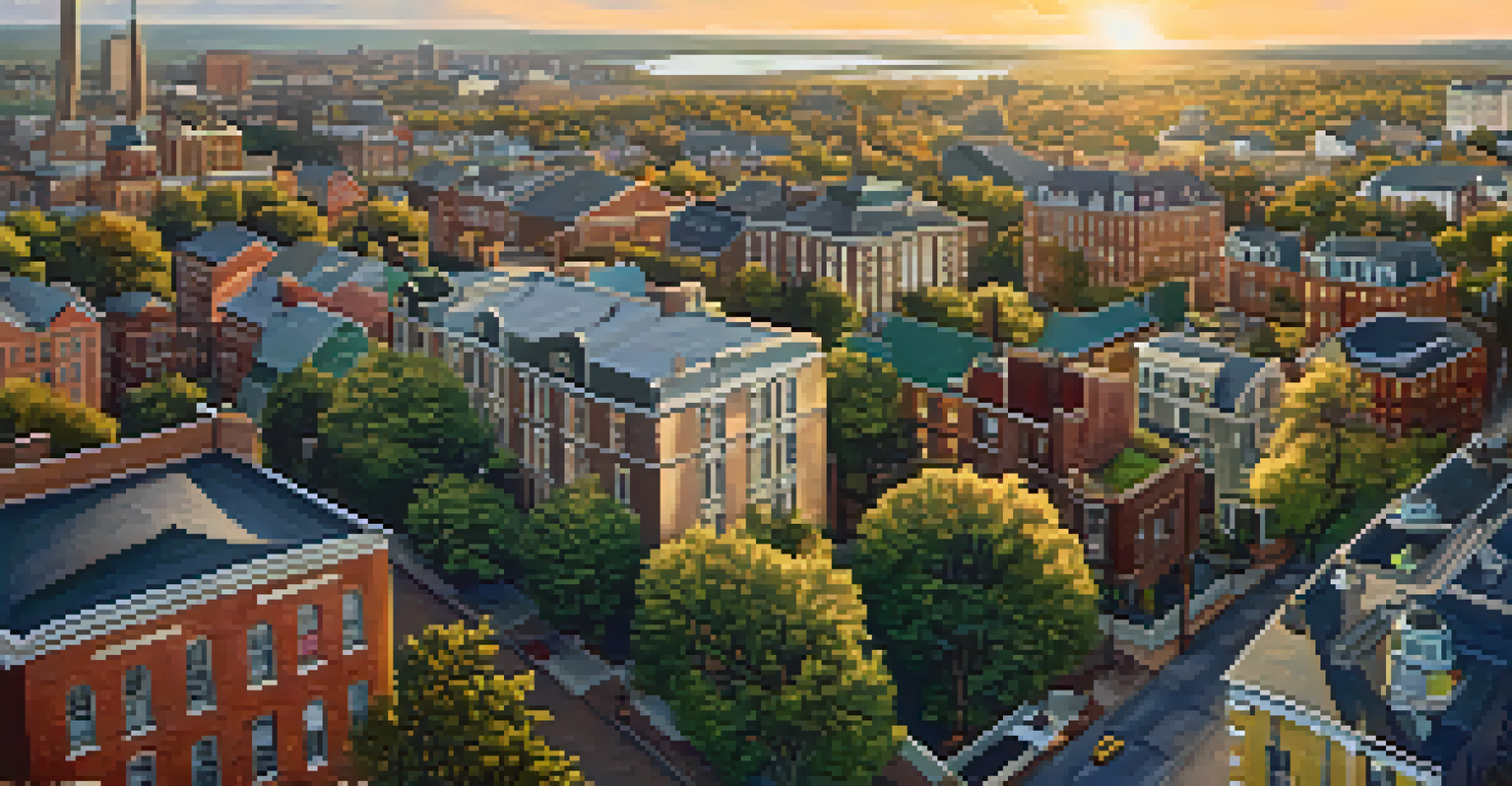 Aerial view of Elizabeth, New Jersey, displaying historical landmarks alongside modern developments under a sunset sky.