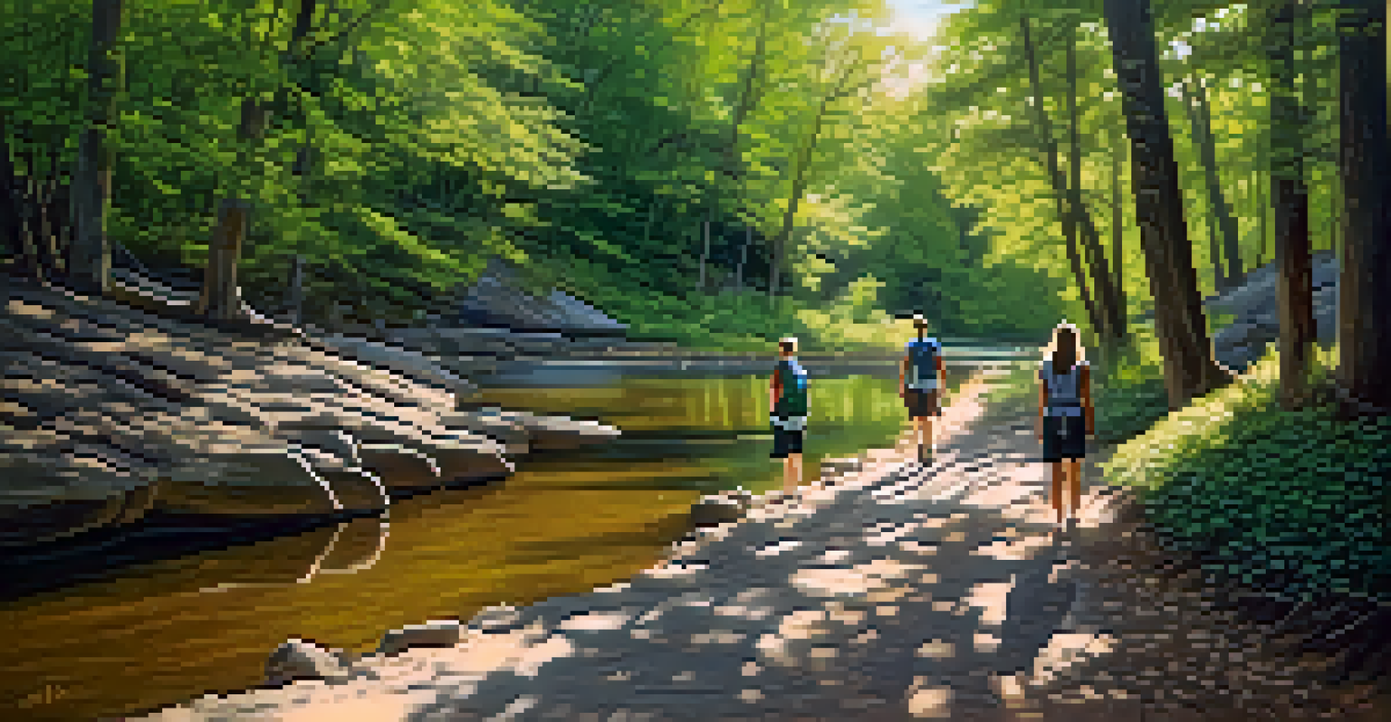 A family hiking along the nature trails at McAlpine Creek Park surrounded by lush trees and a gentle creek with sunlight filtering through the leaves.