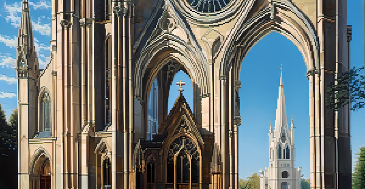 A Gothic Revival church with pointed arches and spires under a clear blue sky, with people walking nearby.