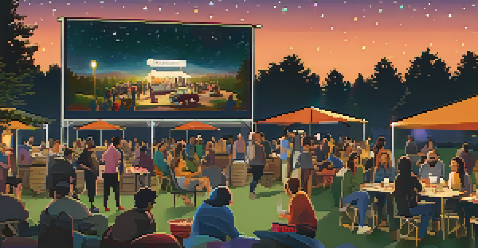 An outdoor film festival under the stars, with food trucks, a large screen, and attendees interacting in a warm, inviting atmosphere.