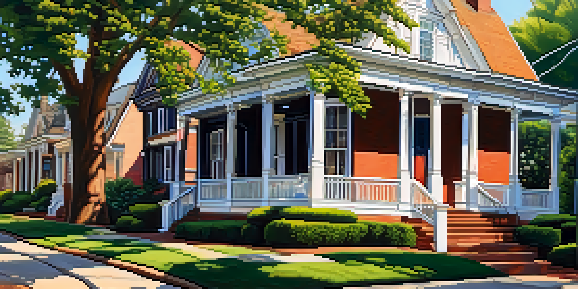A charming street in Charlotte's Dilworth neighborhood featuring colorful Victorian homes and tree-lined sidewalks.