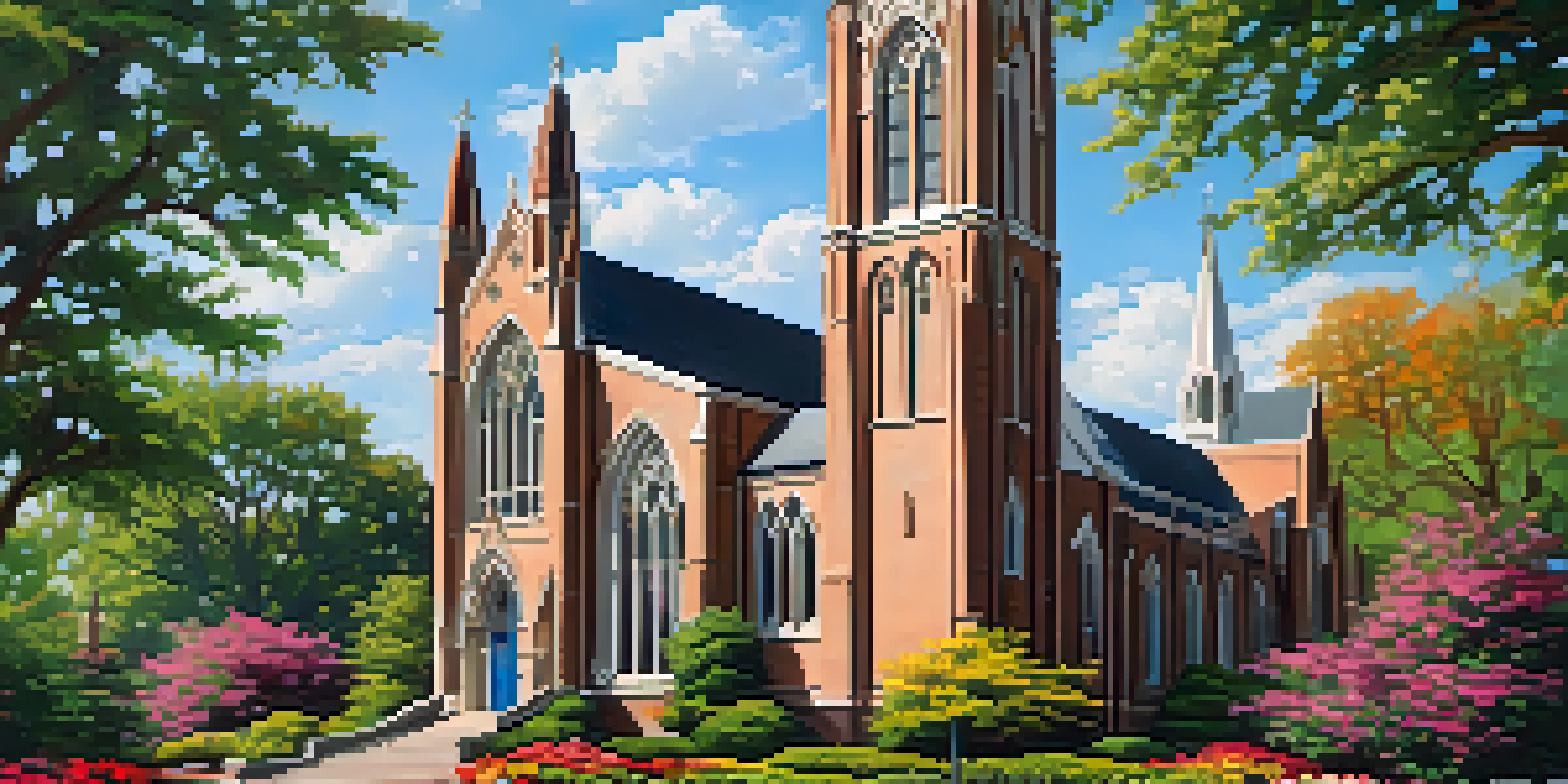 A picturesque view of First Presbyterian Church with Gothic architecture and colorful stained glass, surrounded by a blooming garden under a clear blue sky.