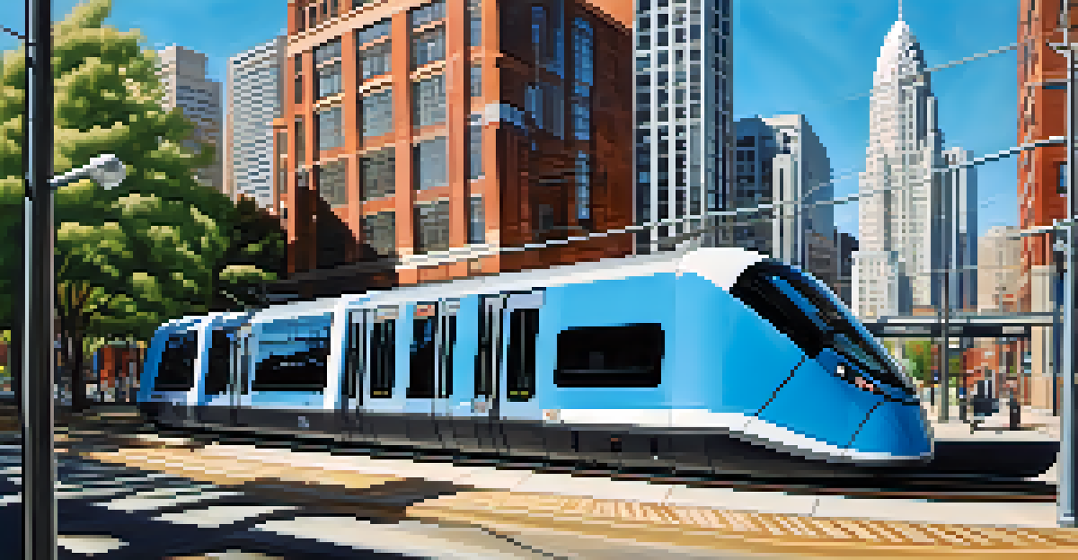 A modern light rail train in an urban setting in Charlotte, showcasing the blend of contemporary and historic architecture.