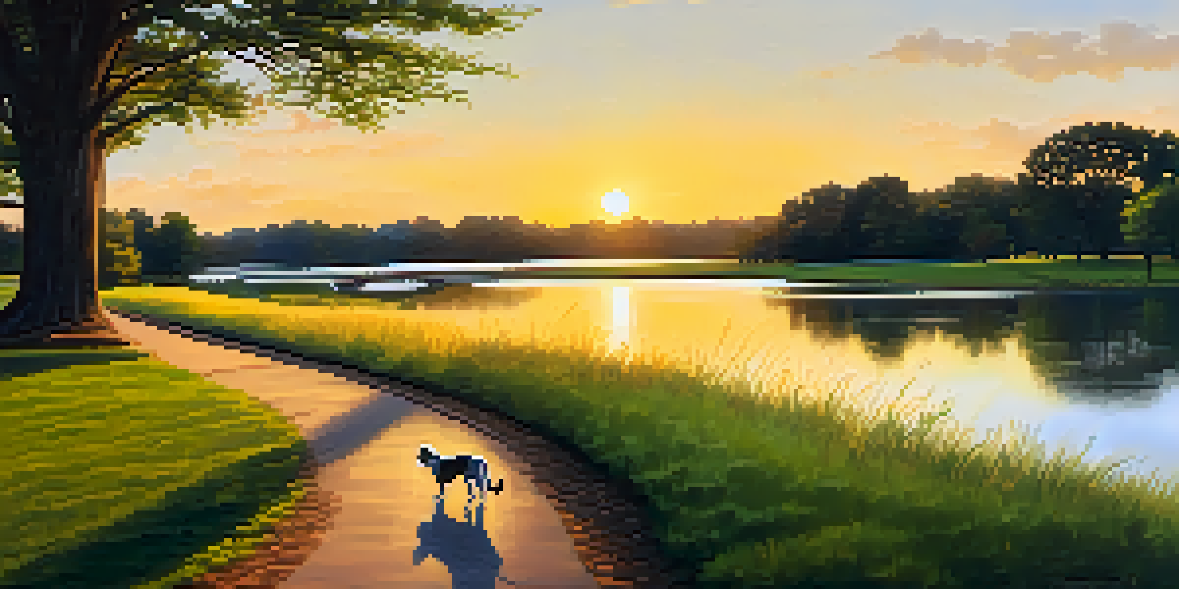 A scenic park with a tranquil lake and a happy dog running along a path during sunset.