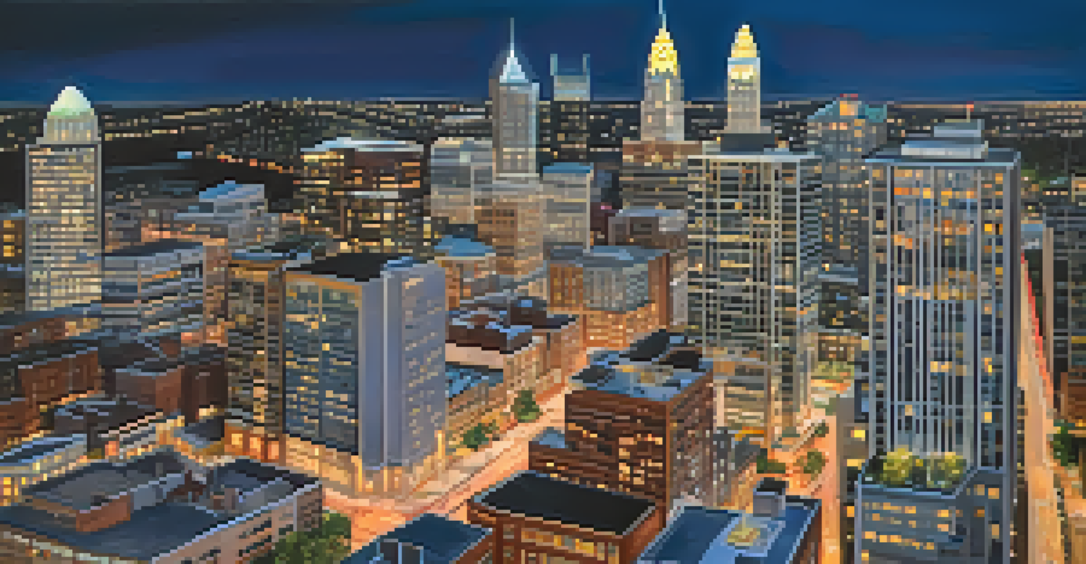 An aerial view of Uptown Charlotte's skyline at dusk, showcasing illuminated buildings and a vibrant cityscape.