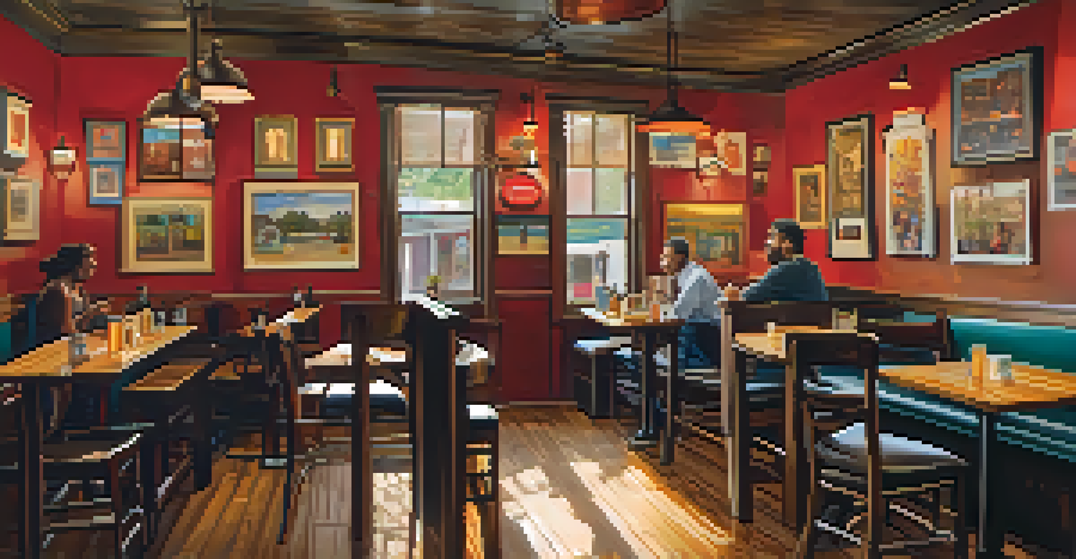 The interior of Haberdish restaurant in NoDa, showcasing fried chicken and biscuits in a warm, cozy setting with colorful murals.