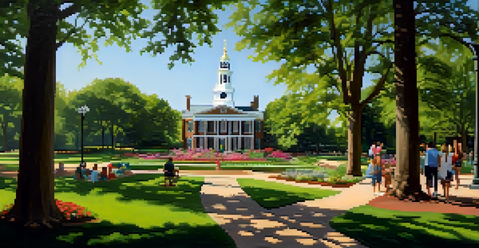 A peaceful park scene featuring Independence Hall surrounded by greenery and flower gardens, with families enjoying picnics under the sunlight.