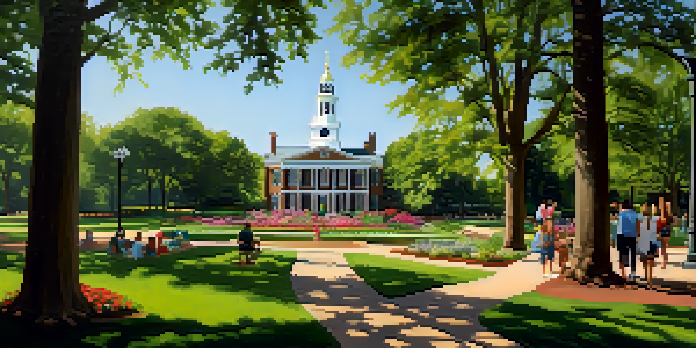 A peaceful park scene featuring Independence Hall surrounded by greenery and flower gardens, with families enjoying picnics under the sunlight.
