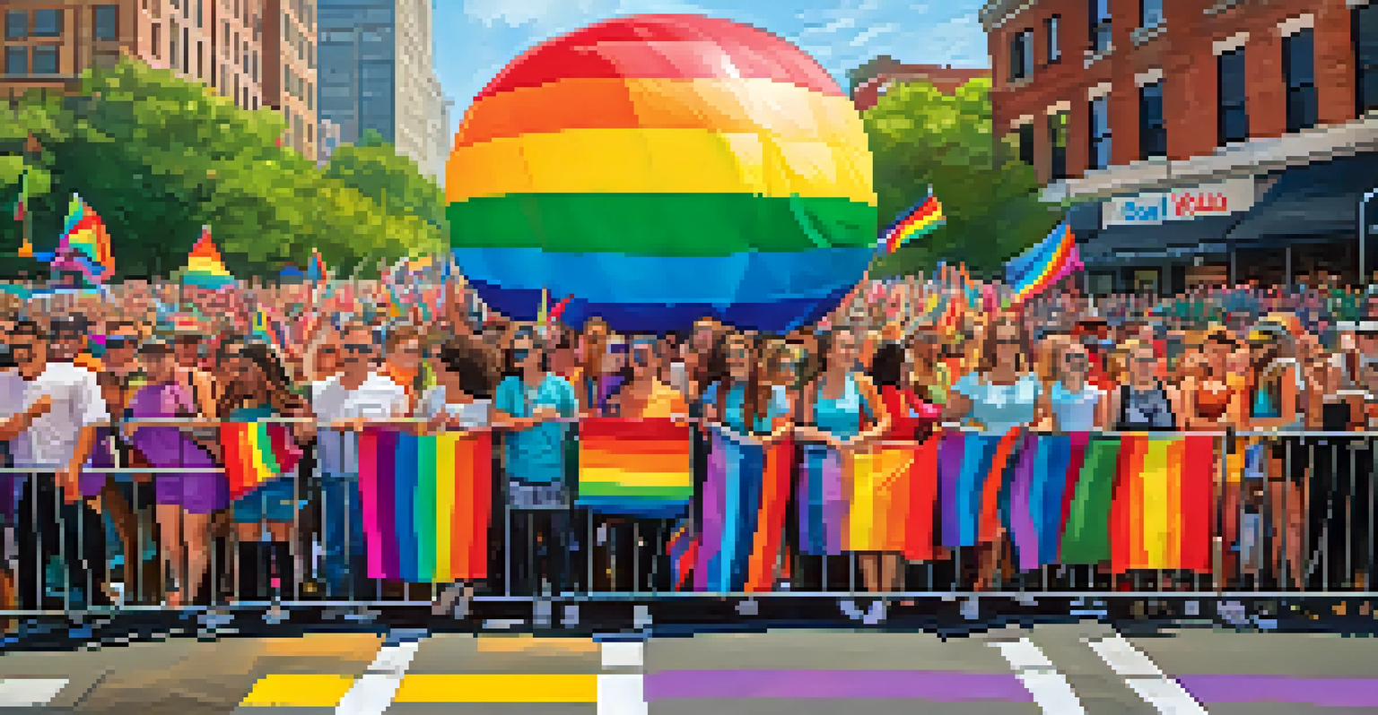 A vibrant pride parade scene with a colorful float and participants holding rainbow flags, celebrating diversity.