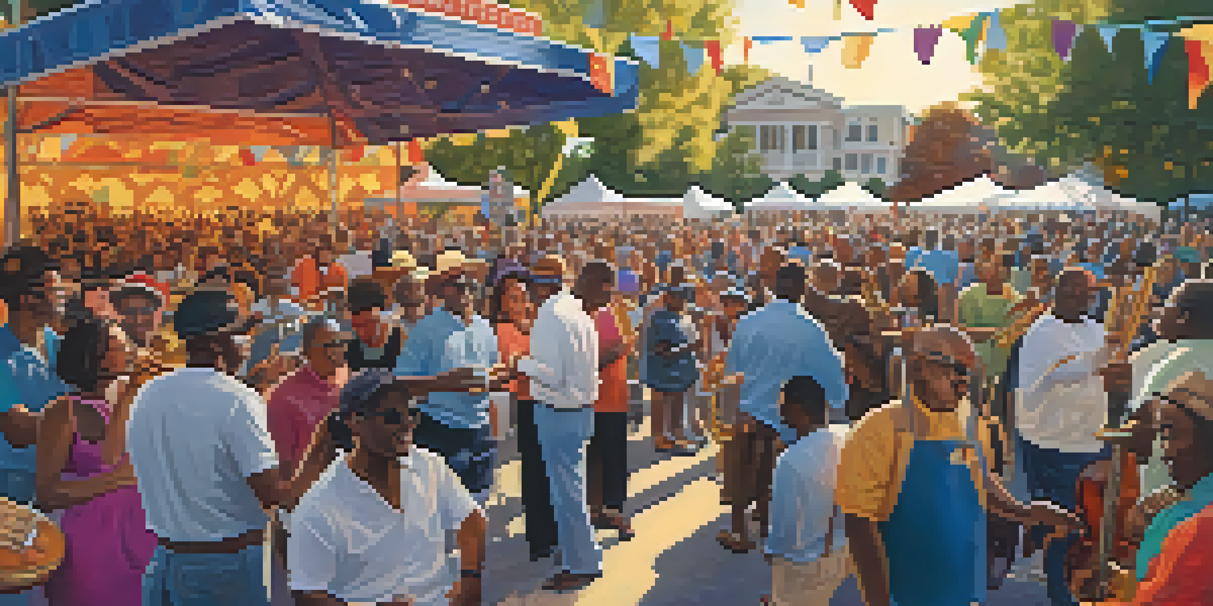 A lively outdoor jazz festival in Charlotte with musicians on stage and a diverse crowd enjoying the performance under the warm sunlight.