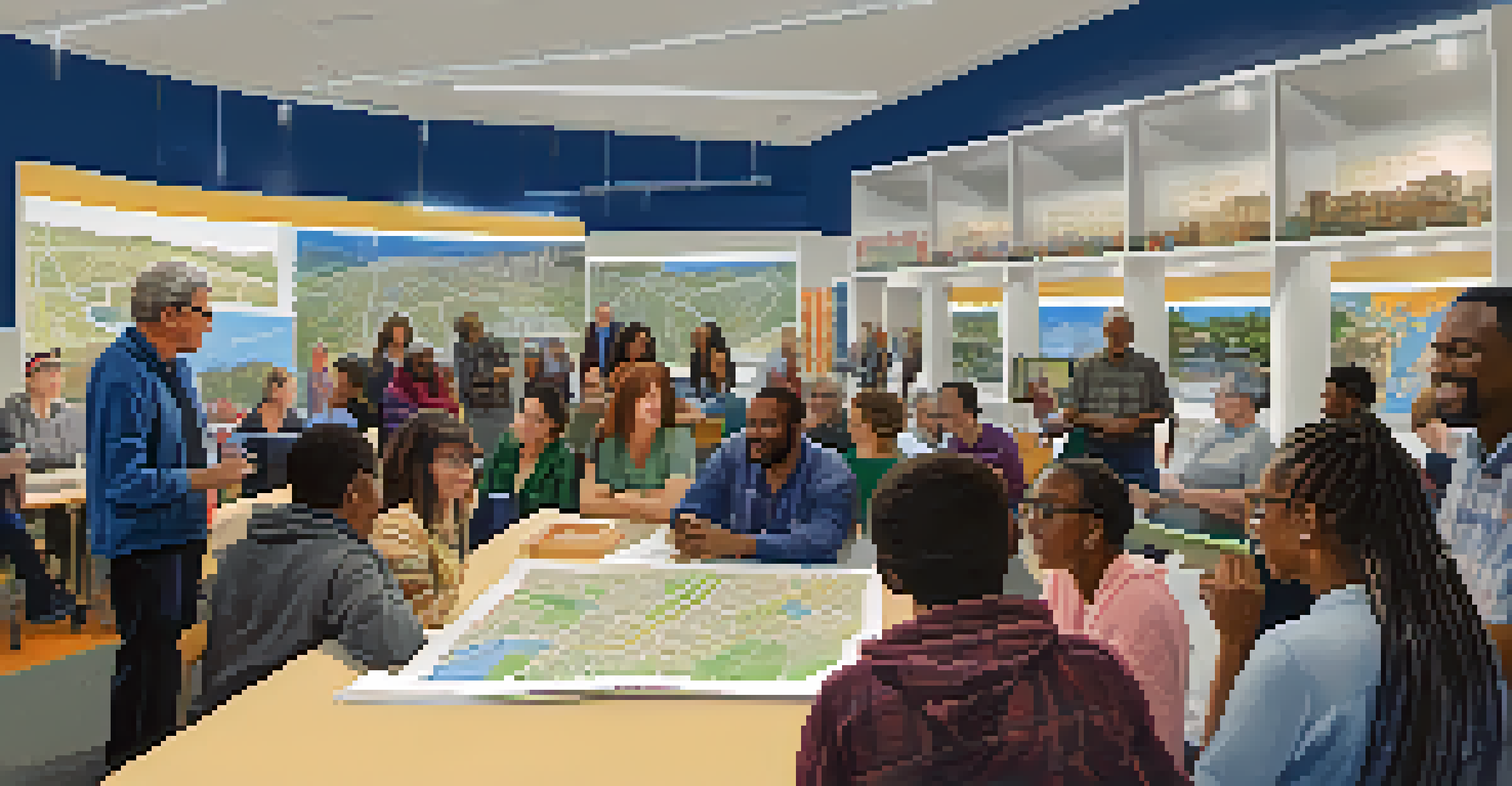 A community meeting in a library with residents giving feedback on public transportation, featuring maps and charts, in a warmly lit room.