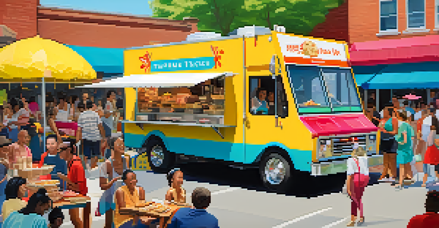 A bustling food truck scene featuring the The Dumpling Lady food truck, with customers enjoying dumplings under string lights.