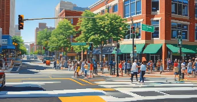 A busy urban intersection in Charlotte with pedestrians crossing at crosswalks and vehicles stopped, under a sunny sky.