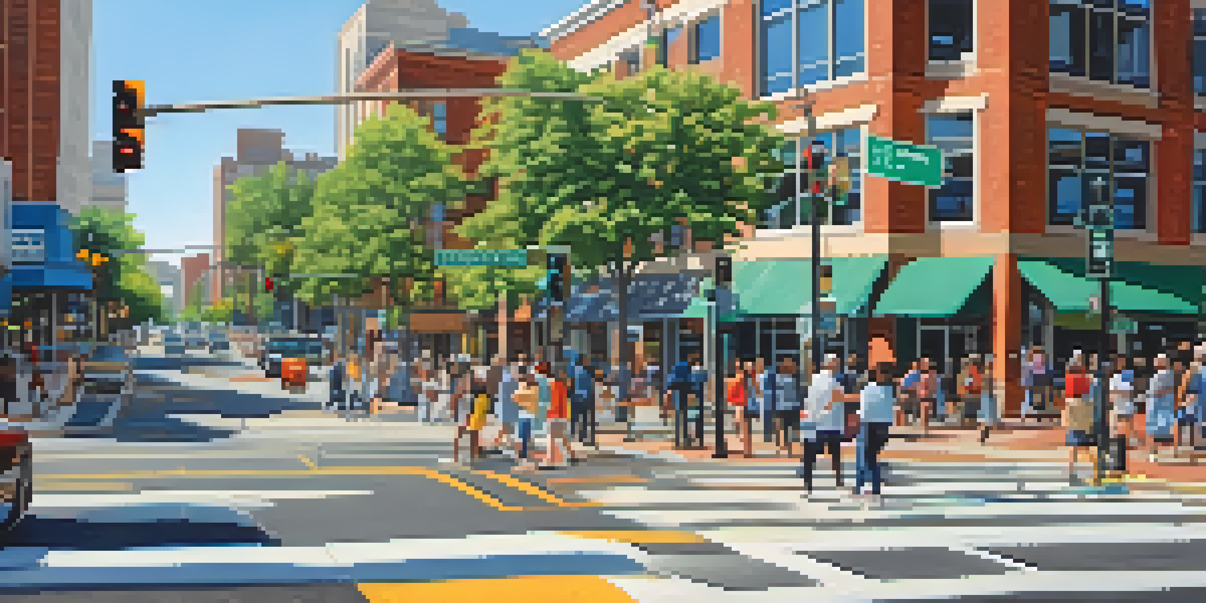 A busy urban intersection in Charlotte with pedestrians crossing at crosswalks and vehicles stopped, under a sunny sky.