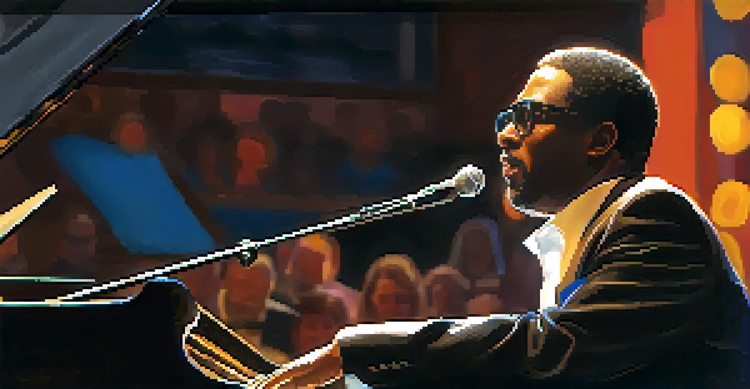 A focused jazz pianist performing on stage, with audience in the background, showcasing artistry and passion.