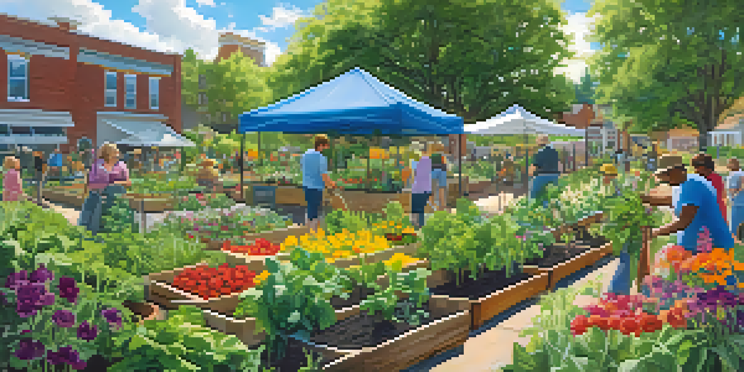 A community garden filled with diverse people tending to colorful vegetables and flowers under a bright blue sky with fluffy clouds.