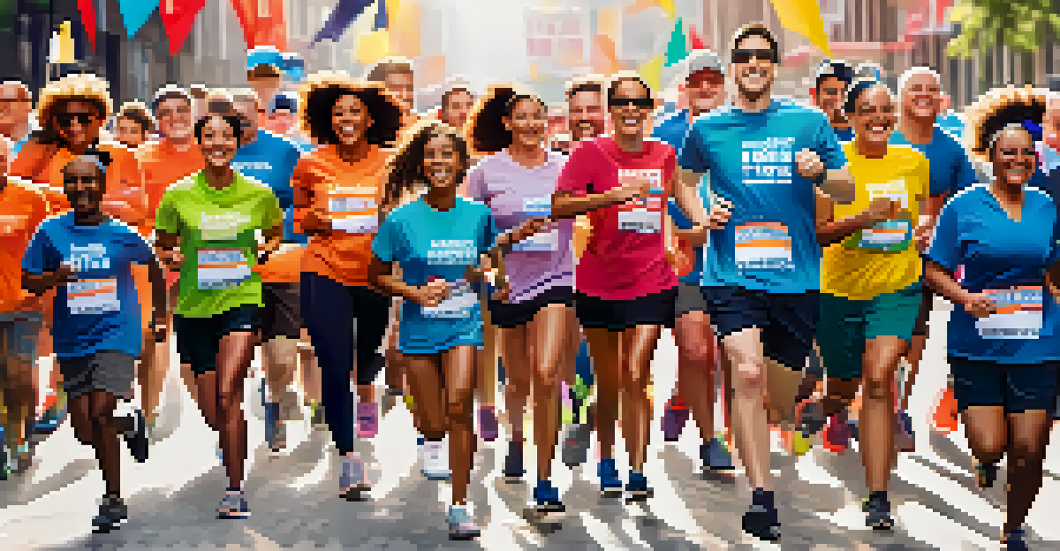 A group of diverse influencers participating in a charity run, showing enthusiasm and community spirit.