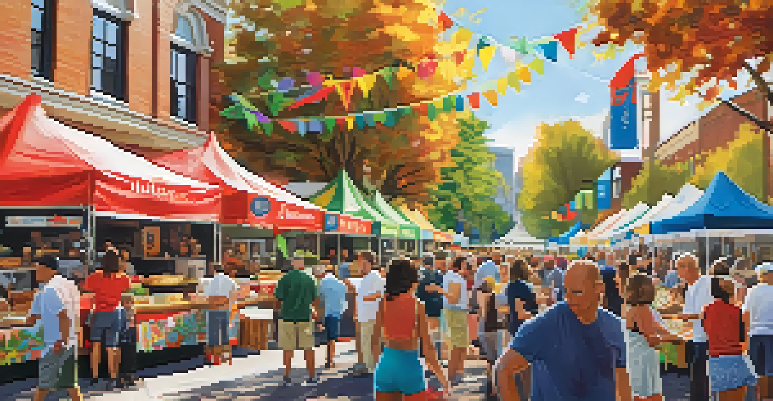 A bustling food festival scene with chefs, food stalls, families sampling dishes, and colorful decorations.