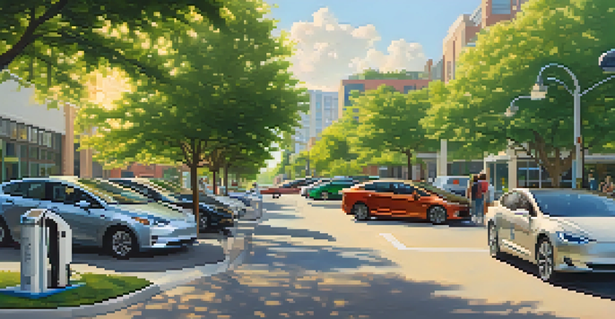 A family charging their electric vehicle on a busy street in Charlotte, surrounded by modern buildings and greenery.